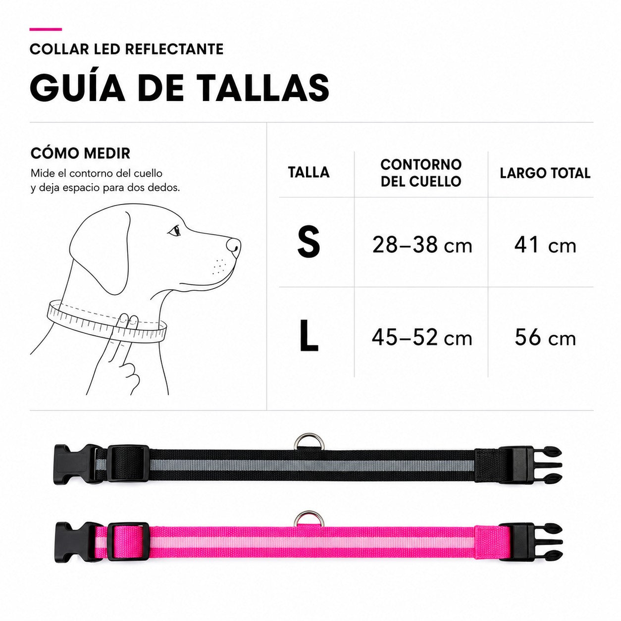 Guía de tallas para collar LED reflectante Purrfect Cozy Beds con ejemplos de colores negro y rosa