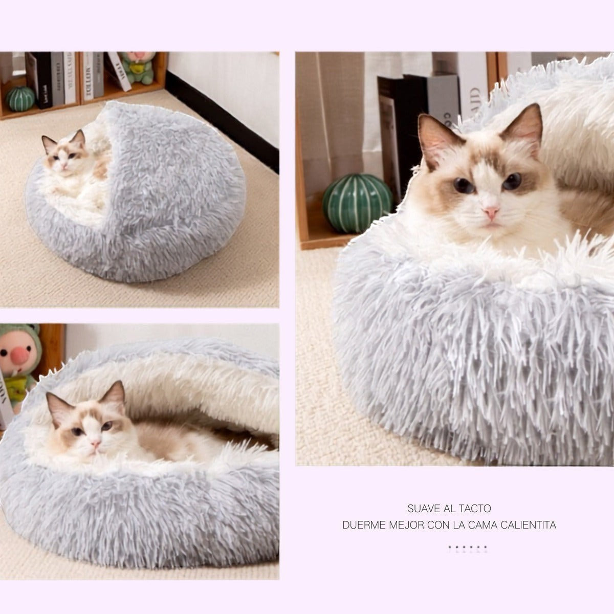 Cama antiestrés Purrfect Cozy Beds de felpa gris con forma de concha para gatos, suave y acogedora