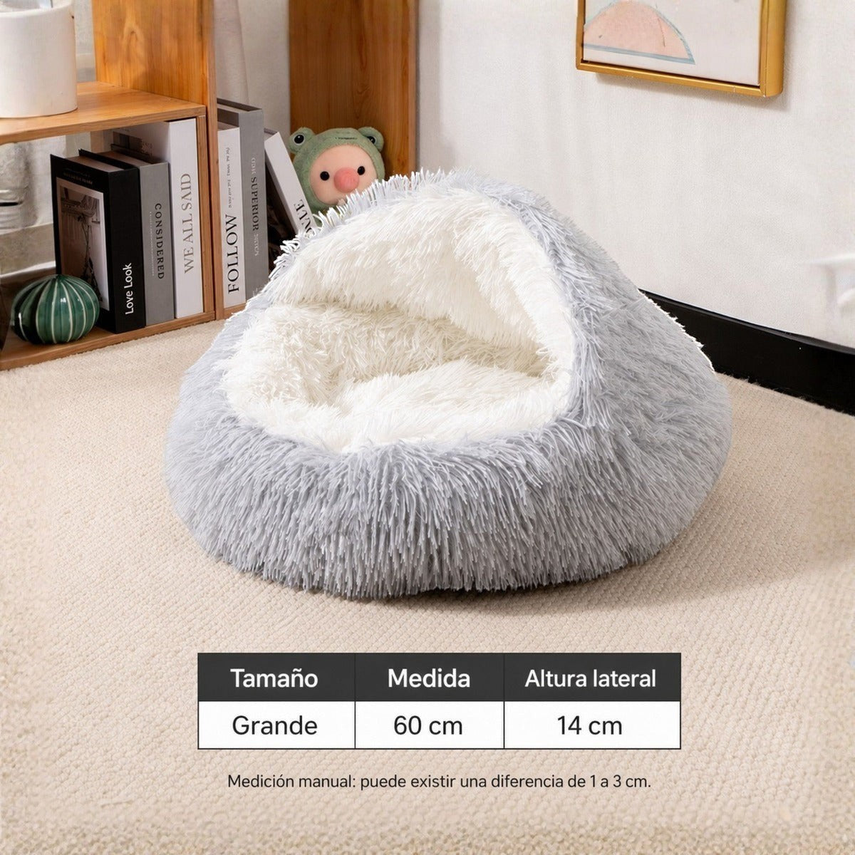 Cama Purrfect Cozy Beds de felpa gris tipo concha para gatos, diseño antiestrés de pelo largo y 60cm de diámetro.