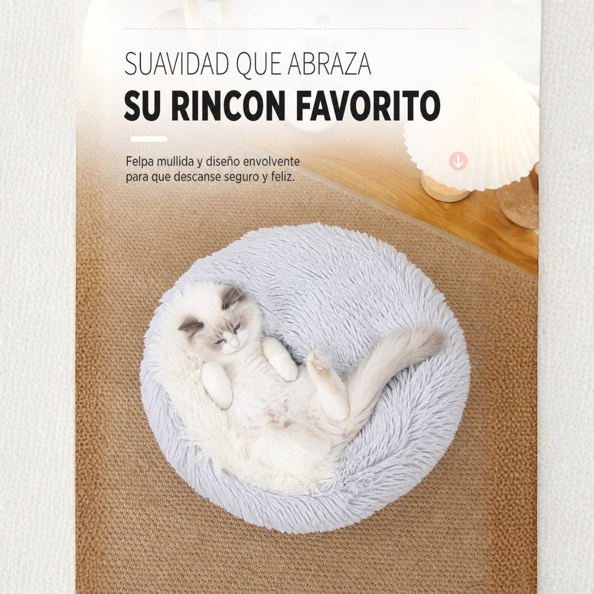 Gato descansando en cama Purrfect Cozy Beds de felpa gris, diseño redondo y mullido para mayor comodidad y calma.