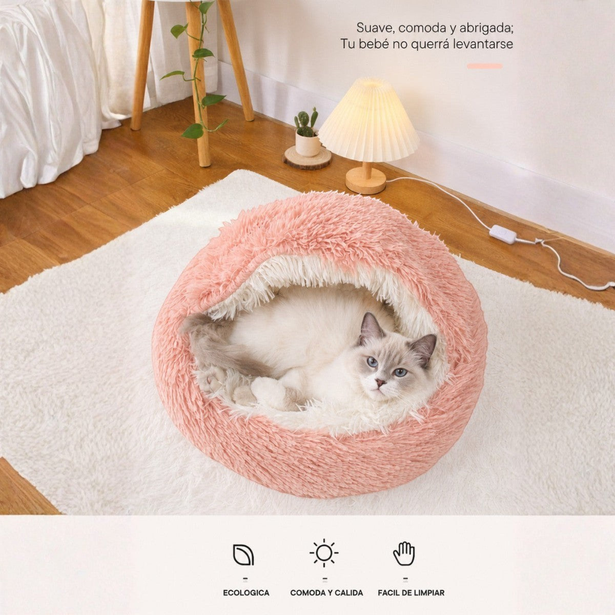 Cama Purrfect Cozy Beds tipo concha de felpa rosa para gatos, diseño semicerrado suave y acogedor para descanso
