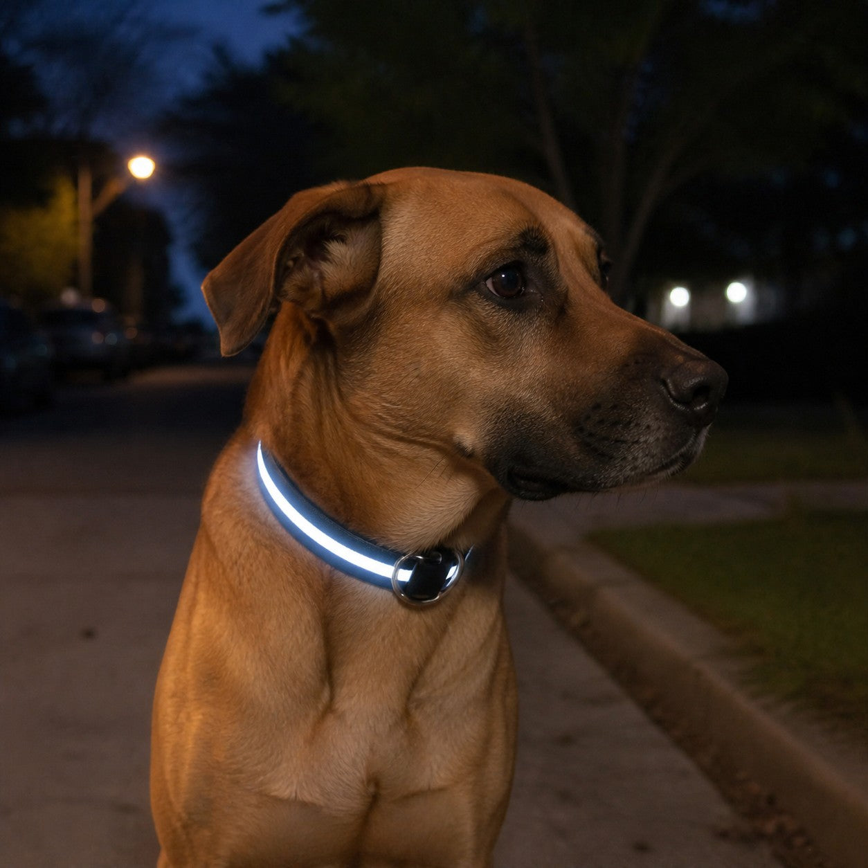 Perro con collar LED reflectante Purrfect Cozy Beds iluminado en un paseo nocturno para mayor seguridad