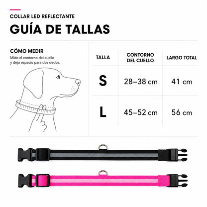 Guía de tallas para collar LED reflectante Purrfect Cozy Beds con ejemplos de colores negro y rosa